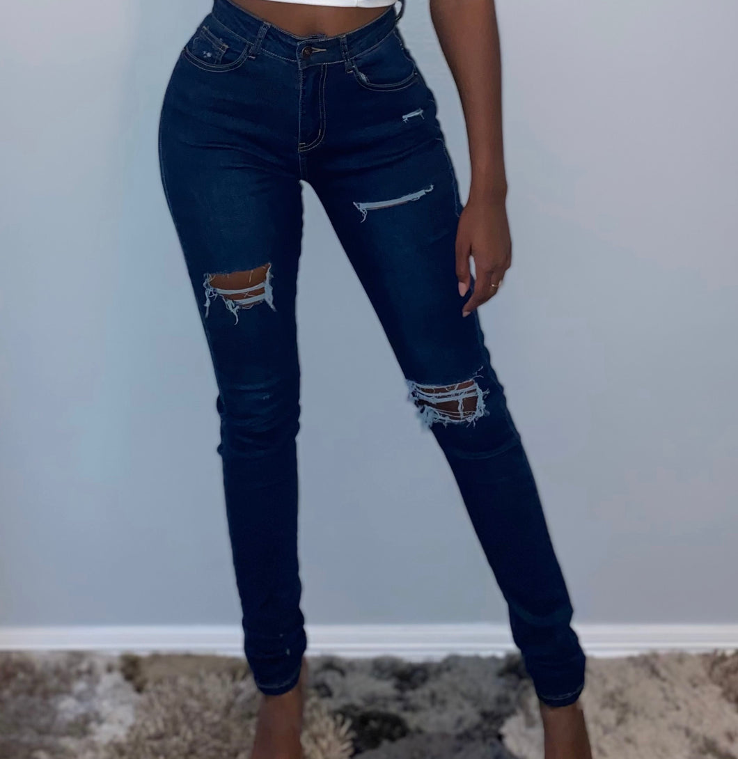 Distressed High Waisted Jeans- Dark Wash